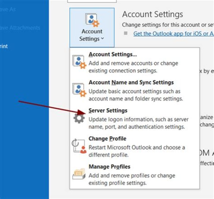 Account Settings button Outlook Error 0x8004210A on Windows
