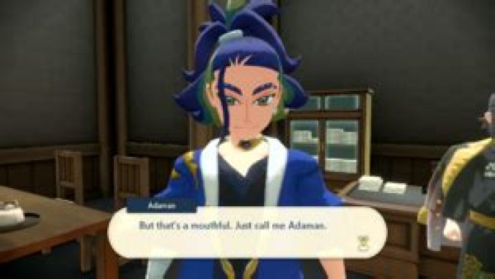 Adaman, a man with messy indigo hair tied back with a hair band and wearing a blue kimono, introduces himself to the player as the leader of the Diamond Clan.