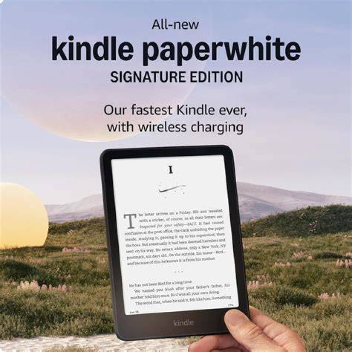 Amazon Kindle Paperwhite 2021 with the screen showing a book, on a table, next to a cup of coffee and plant, version 1