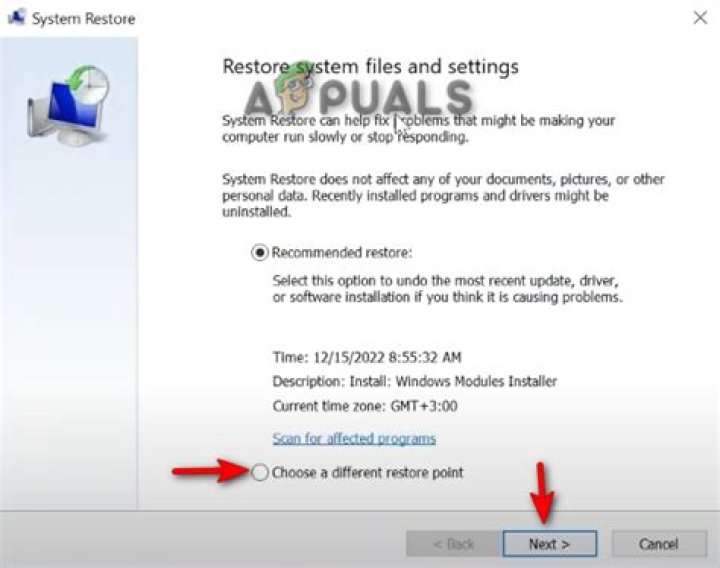 Choose a different restore point