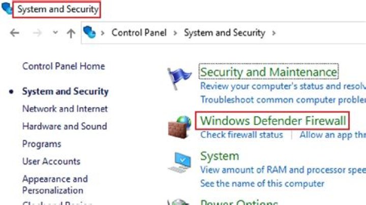 clicking on windows defender firewall