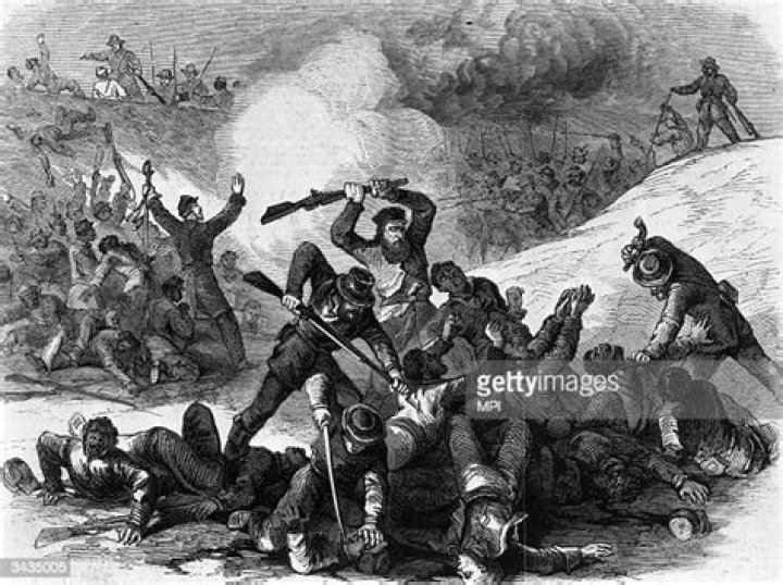 Confederate cavalrymen, led by Nathan Bedford Forrest, later the first Grand Wizard of the Ku Klux Klan, killing unarmed black Union soldiers after the surrender of Fort Pillow in Tennessee.