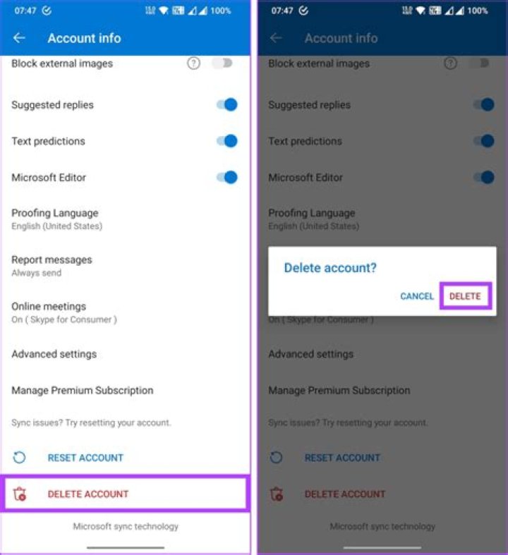 delete account on mobile