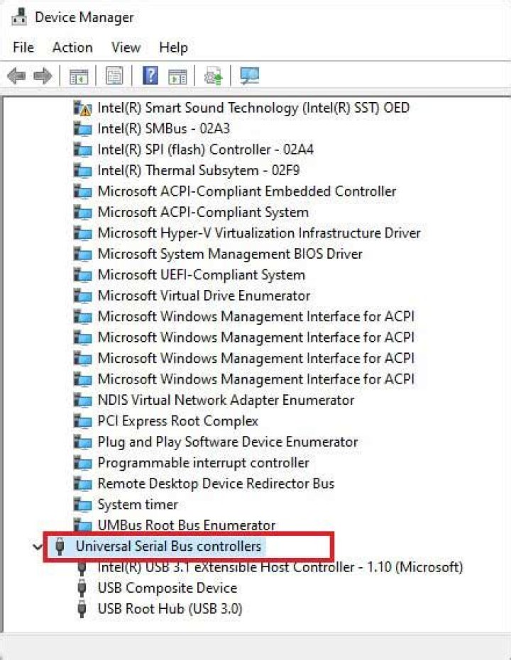 device manager-universal serial bus controllers