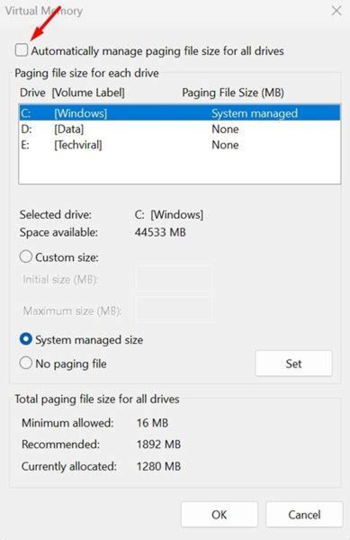 Disable Automatically manage paging file size for all drives to fix windows 11 not using all ram
