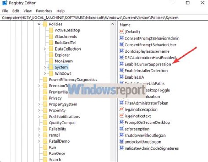 enable cursor suppresion regedit