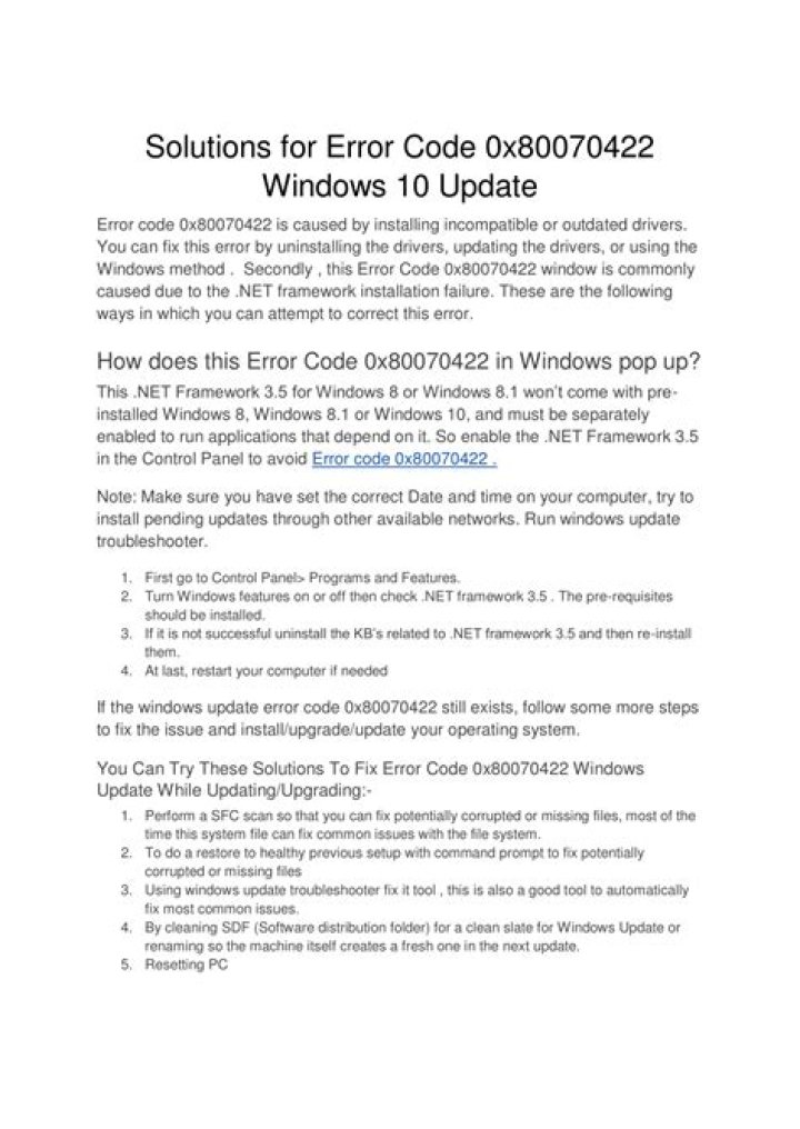 Error code 0x80070422 Windows 10