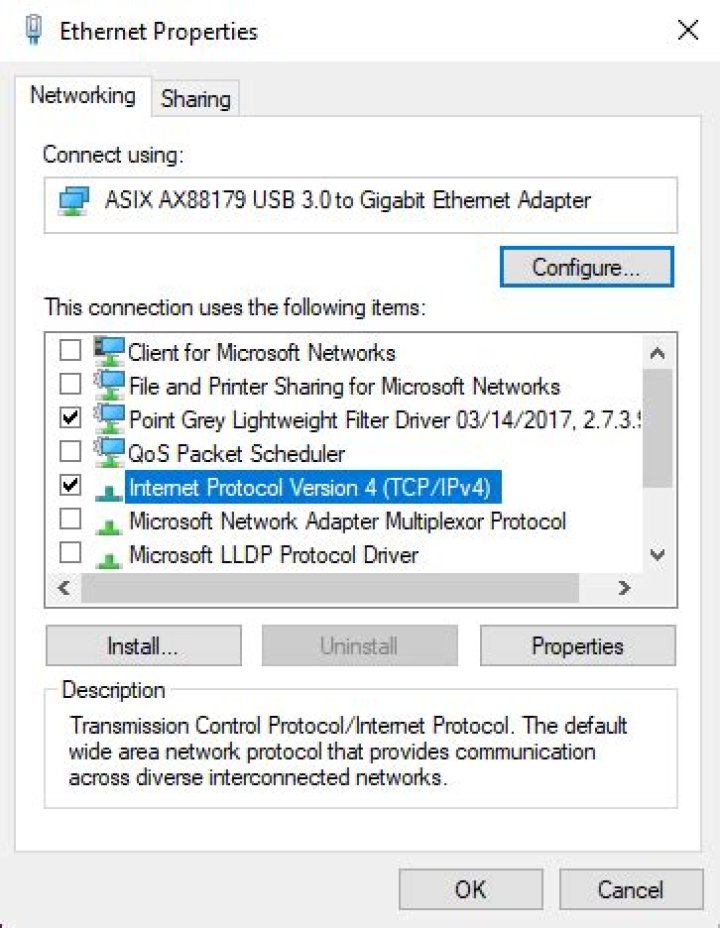Ethernet adapter properties