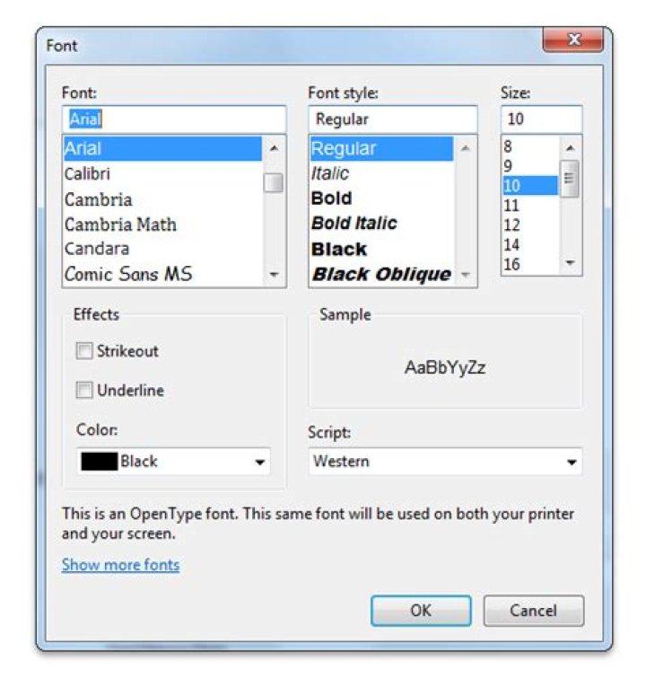 font dialog box