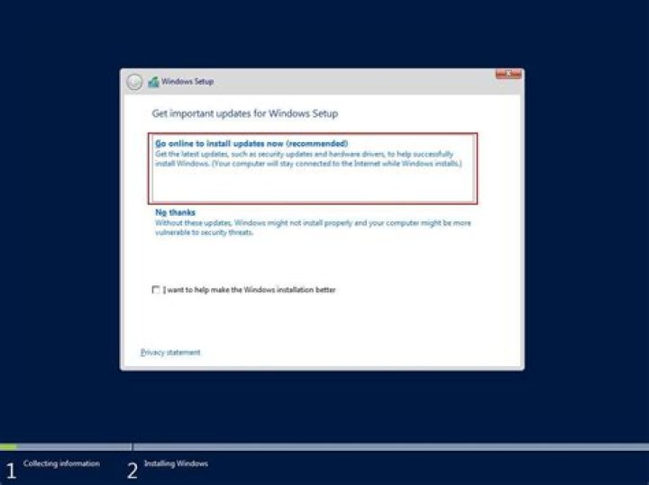 Go online to install updates now (recommended).