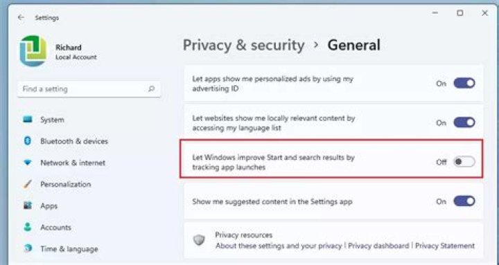 Let Windows track app launches to improve Start and search results