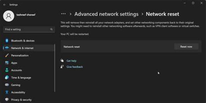 Network reset Reset now