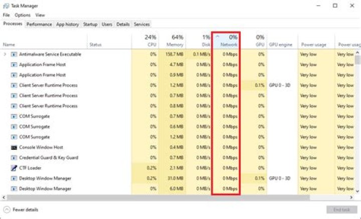 Network tab in Task Manager
