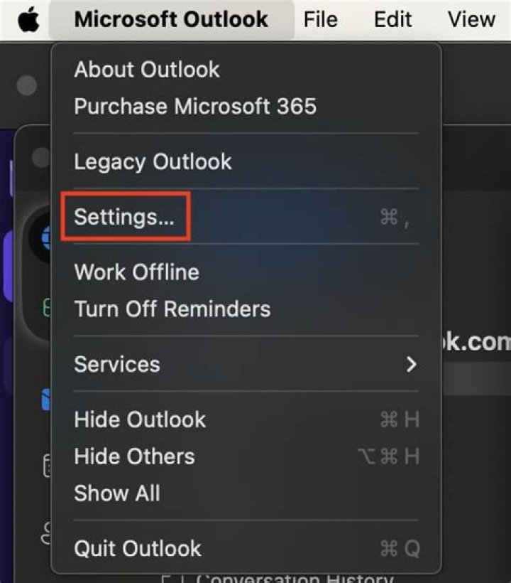 Outlook menu with Preferences highlighted
