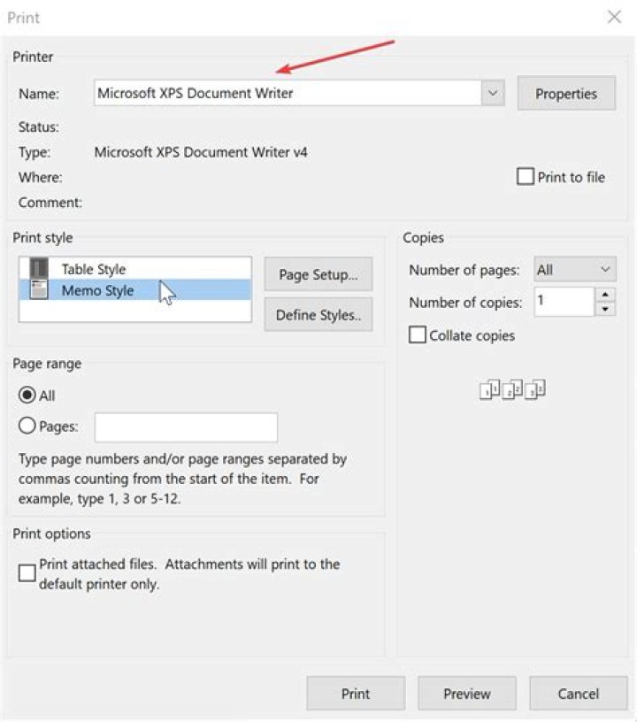 set default printer set default printer microsoft xps document writer outlook won't print entire email