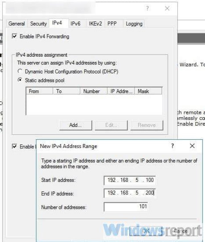 Static address pool vpn on windows server 2019