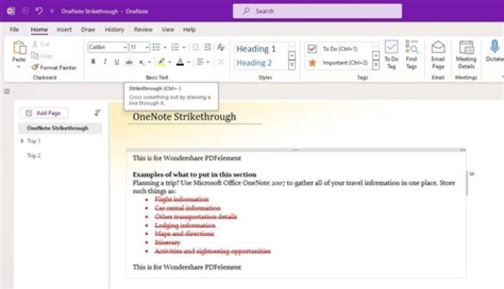 strikethrough text onenote
