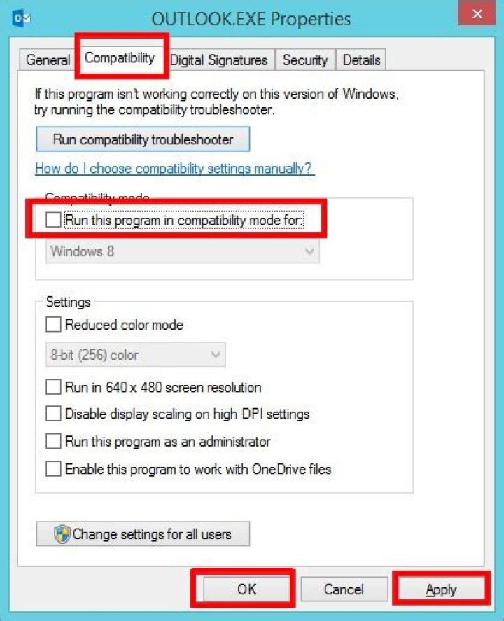 The compatibility mode setting The compatibility mode option outlook the information store cannot be opened