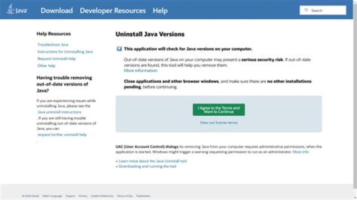 The Uninstall Java versions page your browser does not support java