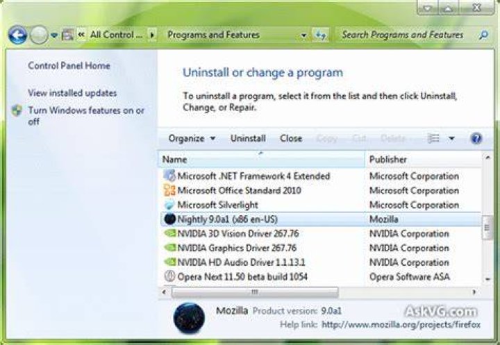 uninstall program control panel
