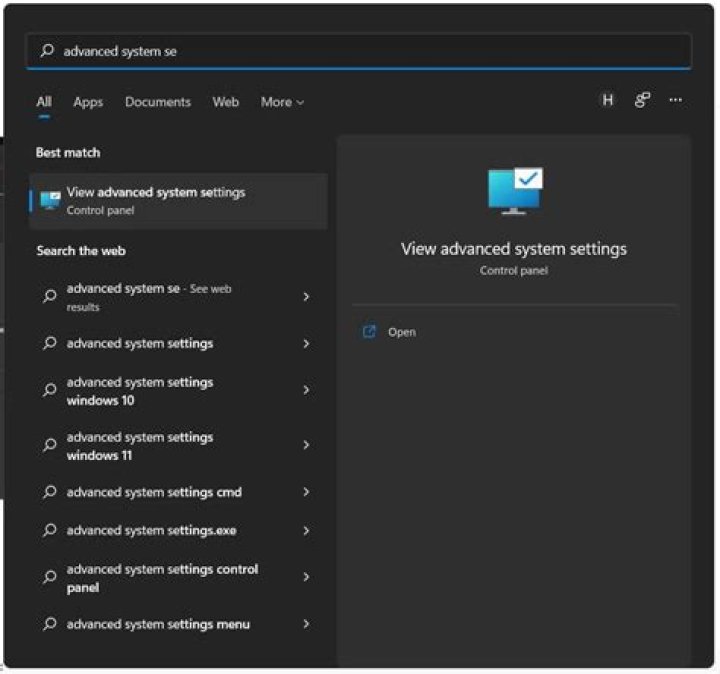 View advanced system settings to fix windows 11 not using all ram