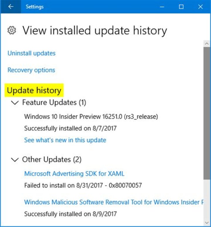 View Update History Windows 10