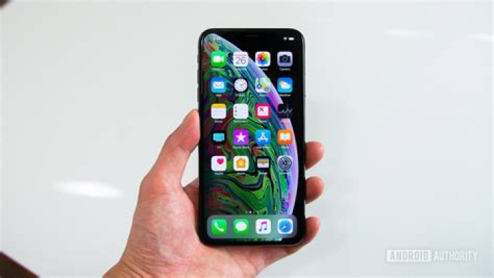 iPhone XS Max device photos-5 W1 chip: iPhone XS Max in man's hand against a white backdrop.