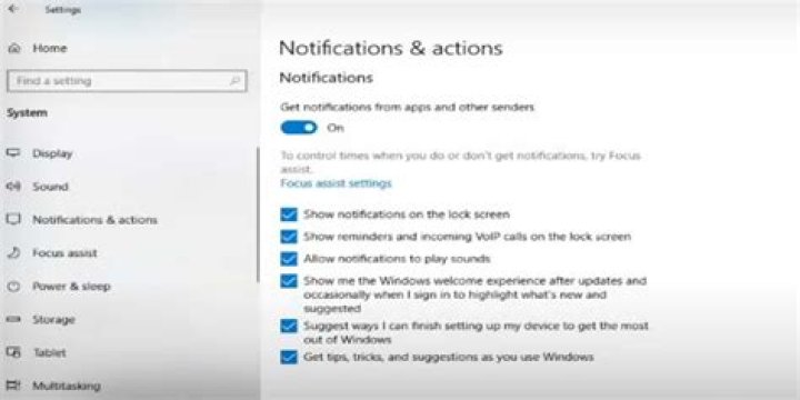 windows 10 notifications & actions settings